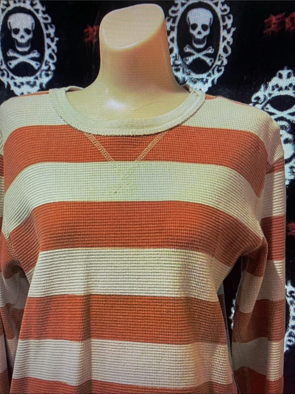 Striped Long-Sleeve Waffle Knit Top - Rust & Cream